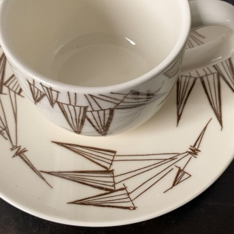 知山窯 コーヒーカップ&ソーサー5客セット 白磁＋幾何学模様絵付