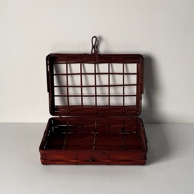 アンティーク 蓋付き竹編ボックス ひしぎ編み 蓋格子編み 楔ロック鍵