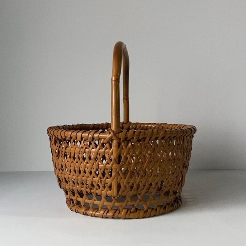 足付き茶碗籠 幅約29cm 竹編丸竹持ち手 ワンハンドルヴィンテージ