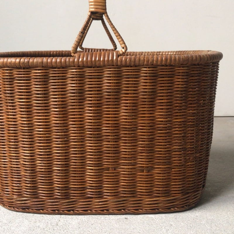 ヴィンテージ ラタン 買い物籠 編みかご 古いカゴ 籐巻き持ち手 花籠