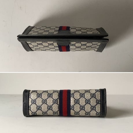 GUCCI PARFUMS  グッチパフューム オールドグッチ  コーティングGGキャンバス/レザー シェリーライン 紺赤  23cm 小型  ヴィンテージ コスメ ポーチ 化粧ポーチ
