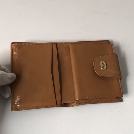 CELINE セリーヌ ガマ口 コンパクト財布 マカダム 2トーンレザー ベージュ ゴールド オールド ヴィンテージウォレット　中古良品