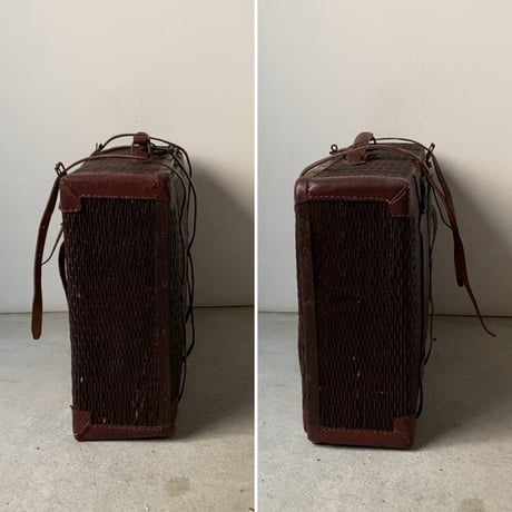 昭和初期 古い柳行李のトランク  レザーバンド/レザーハンドル/レザーネームホルダー  付属品有り