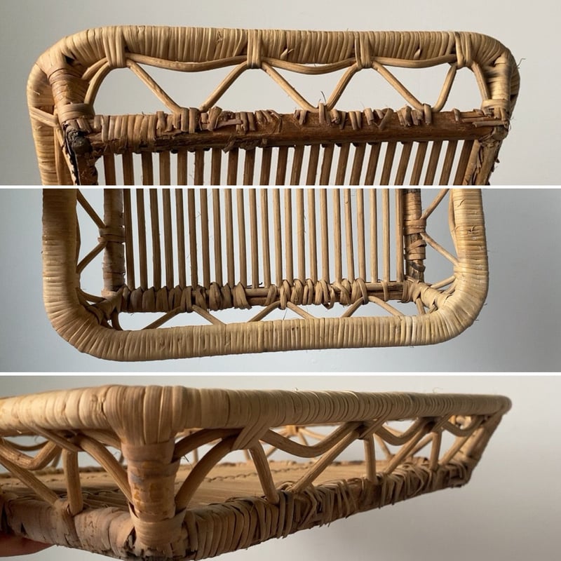 古いラタンの平籠 ナチュラル素材 ヴィンテージバスケット トレーカゴ