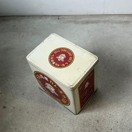 1960s-70sVintage ベル食品 BELL INDO CURRY RUEX (ベル・印度カレールウ) 縦型ブリキ缶 業務用カレー 蓋付ボックス 道具箱 良品