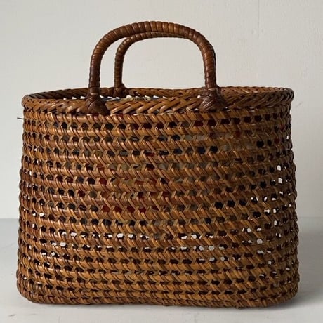 古い籐巻きの煎茶籠 小さめサイズ 24cm  更紗あり  ヴィンテージカゴバッグ 完品