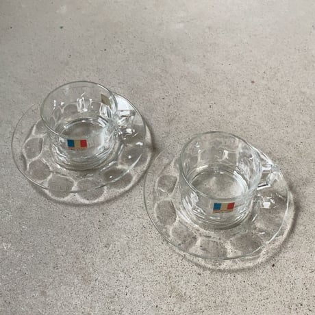 arcoroc アルコロック  ガラス製 ヴィンテージ カップ＆ソーサー 2個セット  耐熱 無色透明 未使用品 made in france