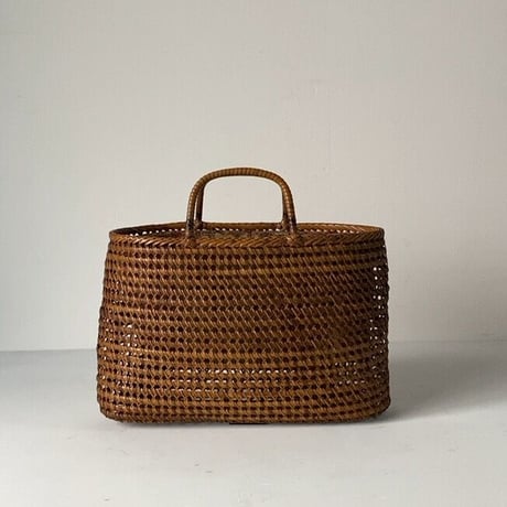 古い籐巻きの煎茶籠 中間サイズ 30cm  更紗あり  ヴィンテージカゴバッグ ほぼ 完品