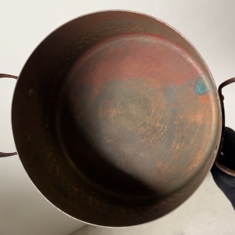 Old COPPER100 HOMEWARE 新光金属 コッパー100 ホームウェア 純銅ヴィンテージ コルドロン 両手鍋 20cm 木製ハンドル 木製摘み  ヴィンテージキッチンツール  中古良品