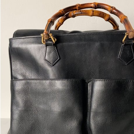 GUCCI オールドグッチ  バンブーレザーバッグ 2wayショルダー付き トートバッグ ハンドバッグ ブラックスムースレザー/ゴールド金具 70s80s ヴィンテージグッチ