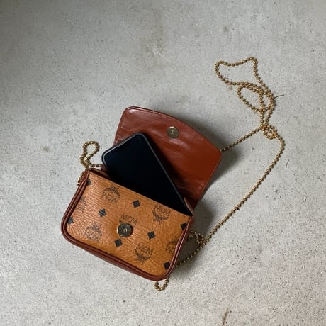 MCM オールドエムシーエム ヴィセトス柄 モノグラム コニャック ボールチェーン ミニミニショルダーバッグ フラップ ポシェット 中古美品