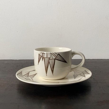 知山窯 コーヒーカップ&ソーサー5客セット 白磁＋幾何学模様絵付 ダークブラウン 傷無し完品