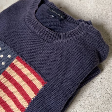 RALPH LAUREN ラルフローレン 星条旗 コットンセーター RLロゴ有り size 160  ヴィンテージ POLO ポロ 中古良品