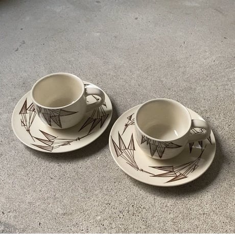 知山窯 コーヒーカップ&ソーサー5客セット 白磁＋幾何学模様絵付 ダークブラウン 傷無し完品