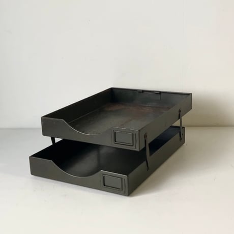 カカシ ヴィンテージ スチール製2段トレー 書類トレー 書類ケース ミリタリーグリーン ダークグリーン 鉄のトレー アンティーク文具 ジャパンヴィンテージ 良品