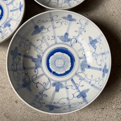 明治期 古い染付の入れ子鉢 (3鉢) アサガオ 蔓 絵  薄色  完品