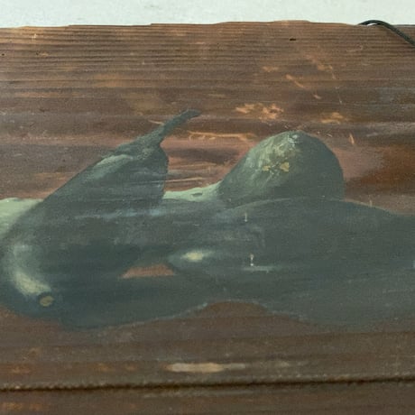 古い板絵   表＝夏野菜(茄子と瓜)  裏＝梅図　杉無垢板 仏画  ジャパンヴィンテージ