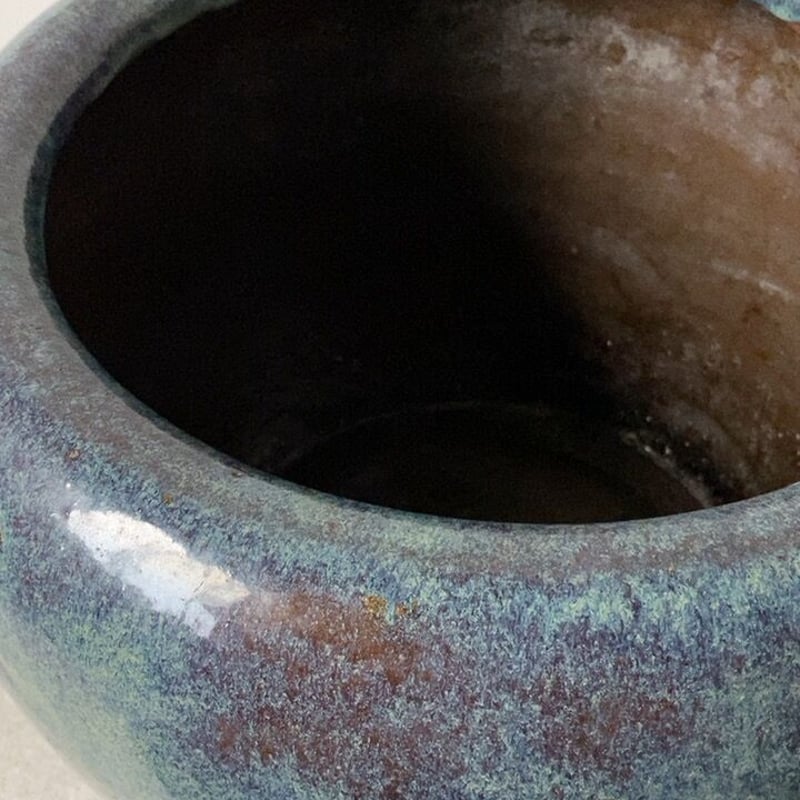 古い大火鉢 幅46cm 海鼠(なまこ)釉 瑠璃釉 深海色 メダカ鉢 睡蓮鉢