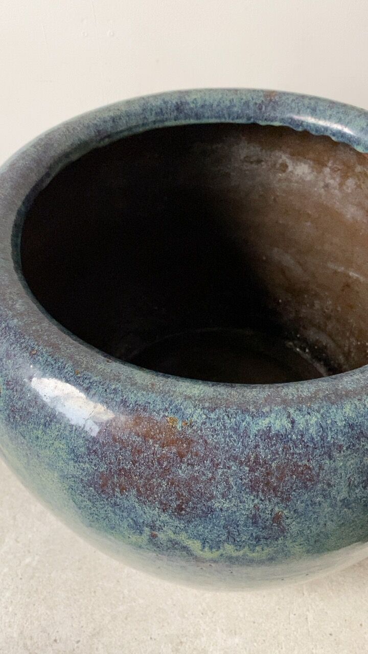 古い大火鉢 幅46cm 海鼠(なまこ)釉 瑠璃釉 深海色 メダカ鉢 睡蓮鉢
