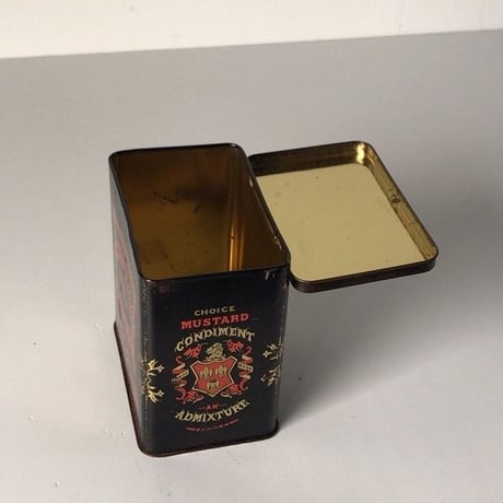 イギリス製 アンティーク  マスタードのカンカン 蓋フラップ  ヴィンテージ 食品缶 古道具 古いカンカン 小物入れ made in England