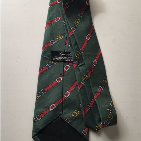 GUCCI  オールドグッチ  ヴィンテージ ネクタイ 筆記体ロゴ シルク100%  グリーンベース GGチェーンベルト柄 レジメン 中古美品