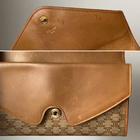CELINE オールドセリーヌ Wレターフラップ長財布  マカダム レザー/PVC  ベージュ ゴールド  80s90sヴィンテージ ウォレット 中古良品