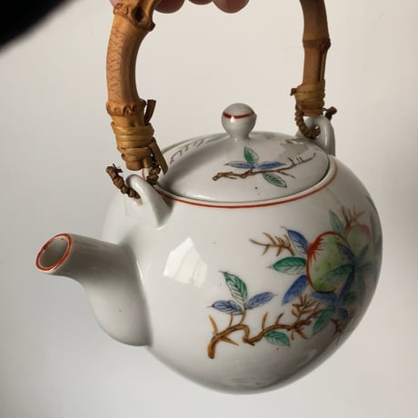 松風 古い茶器セット(急須+蓋茶碗5客) 桃柄 桃図 植物画   竹持ち手 湯呑 煎茶器