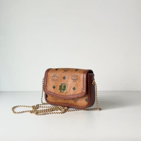 MCM オールドエムシーエム ヴィセトス柄 モノグラム コニャック ボールチェーン ミニミニショルダーバッグ フラップ ポシェット 中古美品