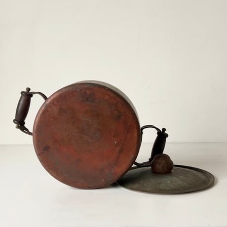 Old COPPER100 HOMEWARE 新光金属 コッパー100 ホームウェア 純銅ヴィンテージ コルドロン 両手鍋 20cm 木製ハンドル 木製摘み  ヴィンテージキッチンツール  中古良品