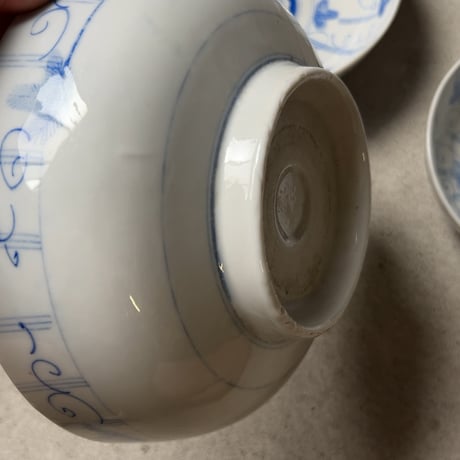 明治期 古い染付の入れ子鉢 (3鉢) アサガオ 蔓 絵  薄色  完品