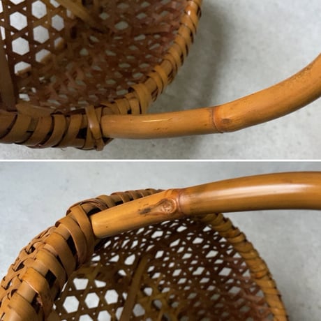 足付き茶碗籠  幅約29cm 竹編丸竹持ち手  ワンハンドルヴィンテージバスケット りんごカゴ 日本の籠 民藝 頑丈 完品
