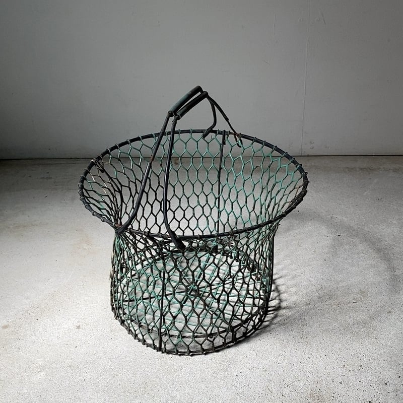 古いワイヤーバスケット バケツ型 金網籠 2ハンドル コーティング