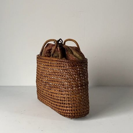 古い籐巻きの煎茶籠 中間サイズ 30cm  更紗あり  ヴィンテージカゴバッグ ほぼ 完品