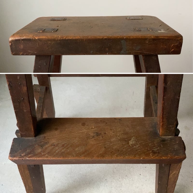 古い 木製 踏台 ホゾ組み木 褐色の古材 艶感あり ヴィンテージステップ