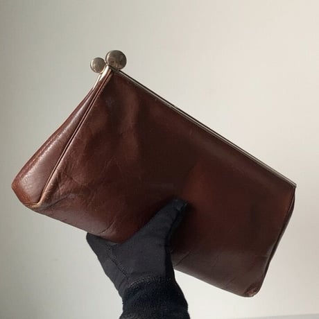 ヴィンテージ がま口 クラックバッグ ポーチ セカンドバッグ  レザー ボルドー系ブラウン 60s70s マチ有り 蛇腹開口 革鞄