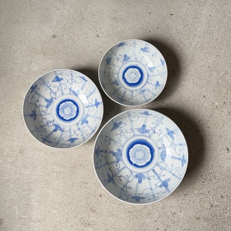 明治期 古い染付の入れ子鉢 (3鉢) アサガオ 蔓 絵  薄色  完品