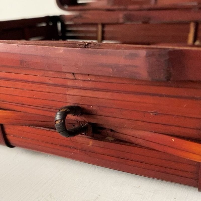 アンティーク 蓋付き竹編ボックス ひしぎ編み 蓋格子編み 楔ロック鍵