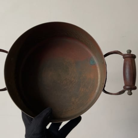 Old COPPER100 HOMEWARE 新光金属 コッパー100 ホームウェア 純銅ヴィンテージ コルドロン 両手鍋 20cm 木製ハンドル 木製摘み  ヴィンテージキッチンツール  中古良品