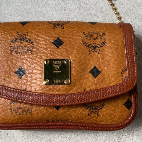 MCM オールドエムシーエム ヴィセトス柄 モノグラム コニャック ボールチェーン ミニミニショルダーバッグ フラップ ポシェット 中古美品