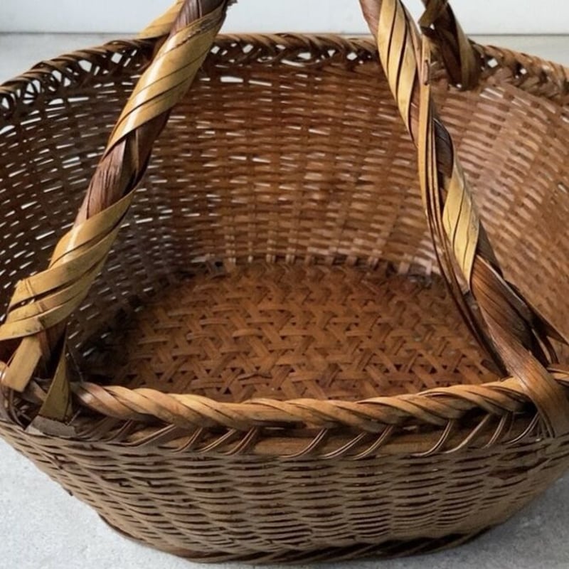古い 果物籠 4点留ワンハンドル フルーツバスケット 古民藝 竹編籠 竹
