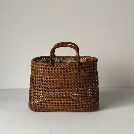 古い籐巻きの煎茶籠 小さめサイズ 24cm  更紗あり  ヴィンテージカゴバッグ 完品