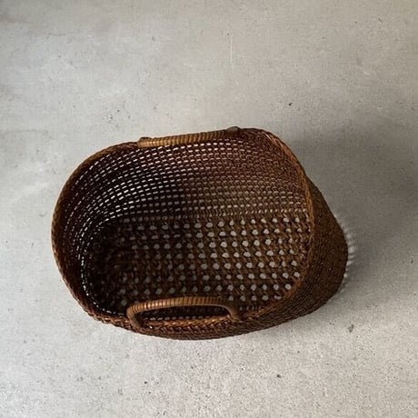 古い籐巻きの煎茶籠 大きめサイズ35 cm  更紗無し  ヴィンテージカゴバッグ 完品