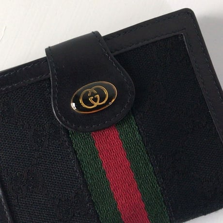 GUCCI オールドグッチ 2つ折りWホックコンパクトウォレット ミニ財布 レザー/ GGキャンバス ブラック 極美品　ヴィンテージウォレット