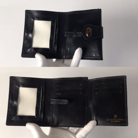 GUCCI オールドグッチ 2つ折りWホックコンパクトウォレット ミニ財布 レザー/ GGキャンバス ブラック 極美品　ヴィンテージウォレット