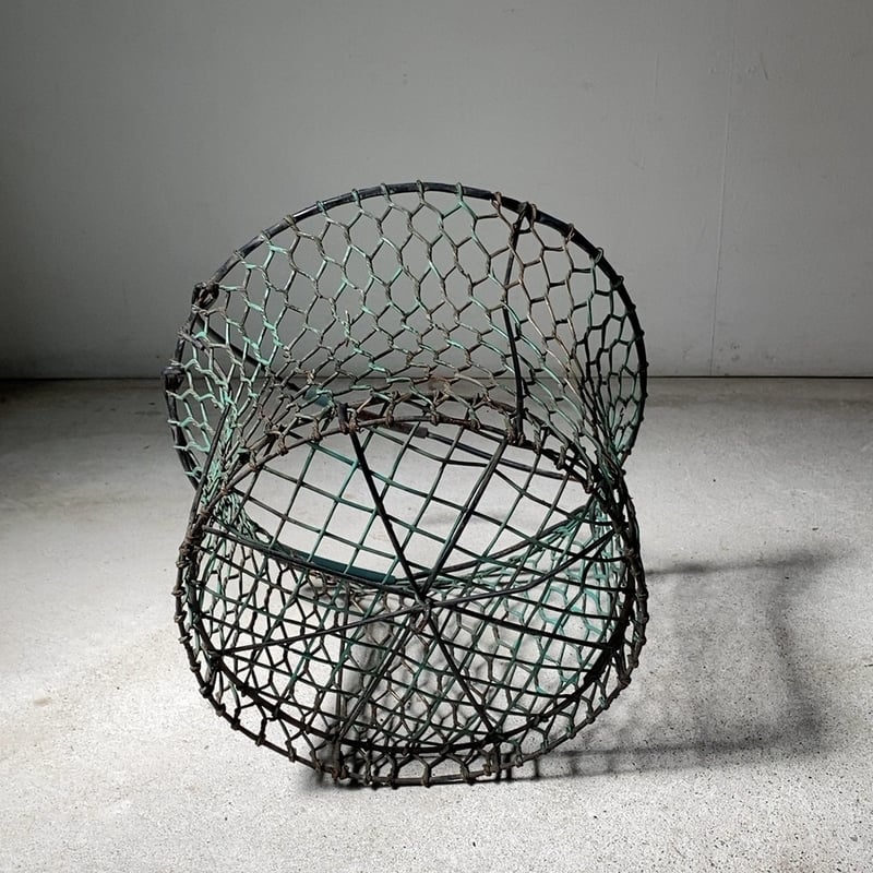 古いワイヤーバスケット バケツ型 金網籠 2ハンドル コーティング