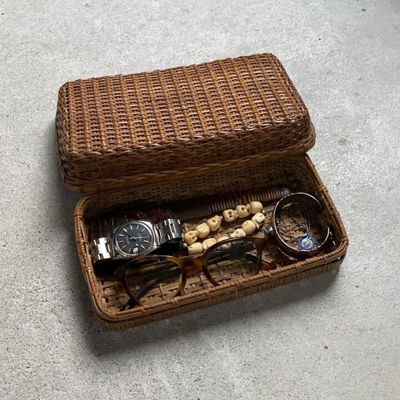 古い籐編みの平箱 茶道具 ペンケース 道具箱 古道具 古民藝 工芸品