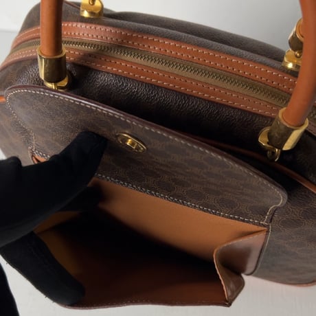 CELINE オールドセリーヌ トリオンフ(マカダム) 総柄  ハンドバッグ 半円型 ハーフムーン ミニボストン フラップポケット ゴールド金具 ヴィンテージセリーヌ 中古極美品