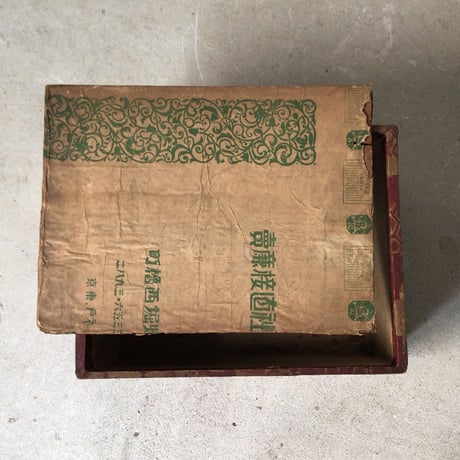 アンティーク木箱  戦前 包装紙 貼紙 木箱 蓋付き  「欧米各国菓子」などと印刷された当時物