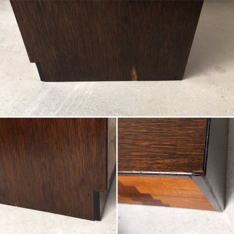 50s60sヴィンテージ 5杯レコードキャビネット 小引き出し 無垢材/プライウッド貼り合わせモダンライン装飾 美木目 美木工  摘み無し フロント傾斜デザイン アンティーク小型家具 古道具 小物入れ