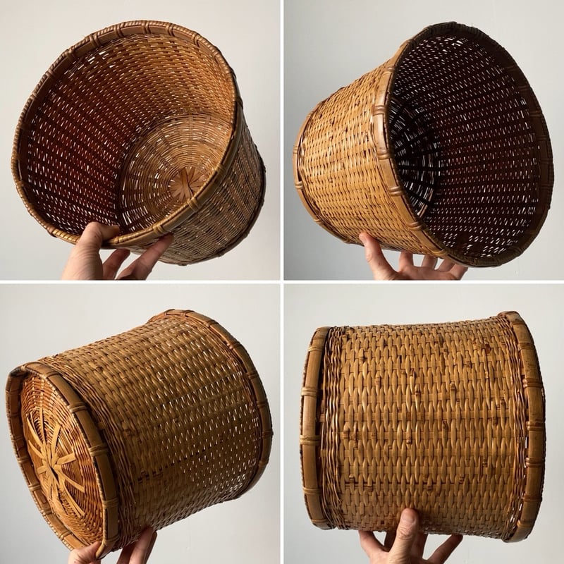 民藝 ヴィンテージ 竹製円筒形バスケット 編み込み模様 ダストボックス